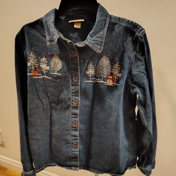 Decorated Originals Tops - Decorated Originals Vintage Embroidered Christmas Denim Button Front Shirt XL
